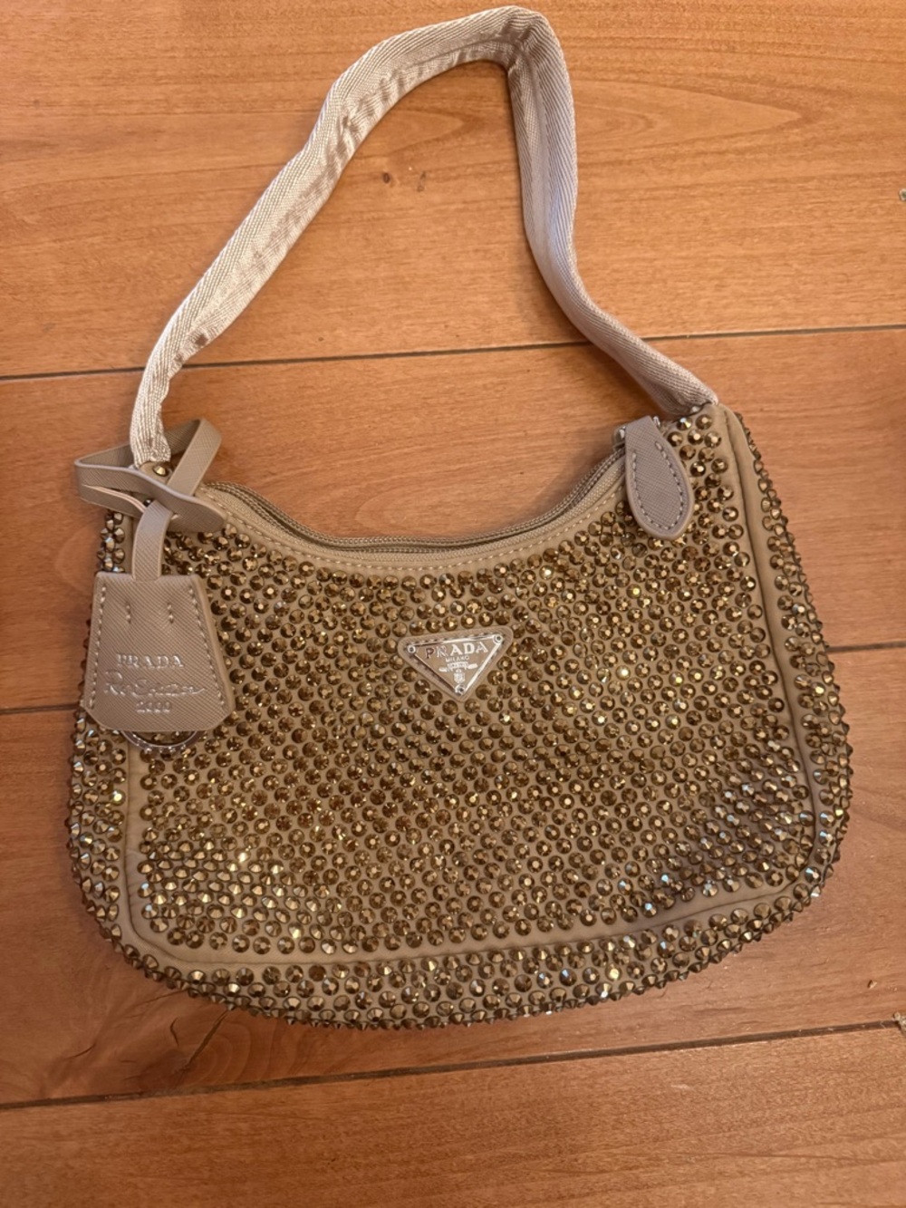 Prada Beige Gold Rhinestone Crystal-Embellished Shoulder Bag